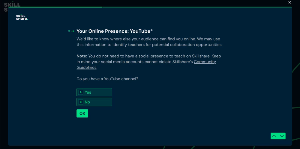 Uma pergunta de exemplo da pesquisa de onboarding do Skillshare para novos instrutores
