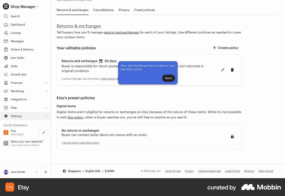 Tooltip do guia interativo de configuração de política de devolução do Etsy