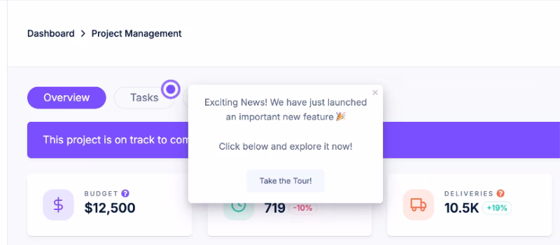 Um exemplo de hotspot com um CTA que dispara um guia interativo, criado com a UserGuiding