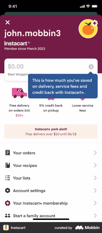 Tooltip do Instacart que contextualiza o painel de economia