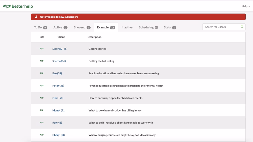 Página inicial do Betterhelp com pacientes simulados para onboarding de terapeutas