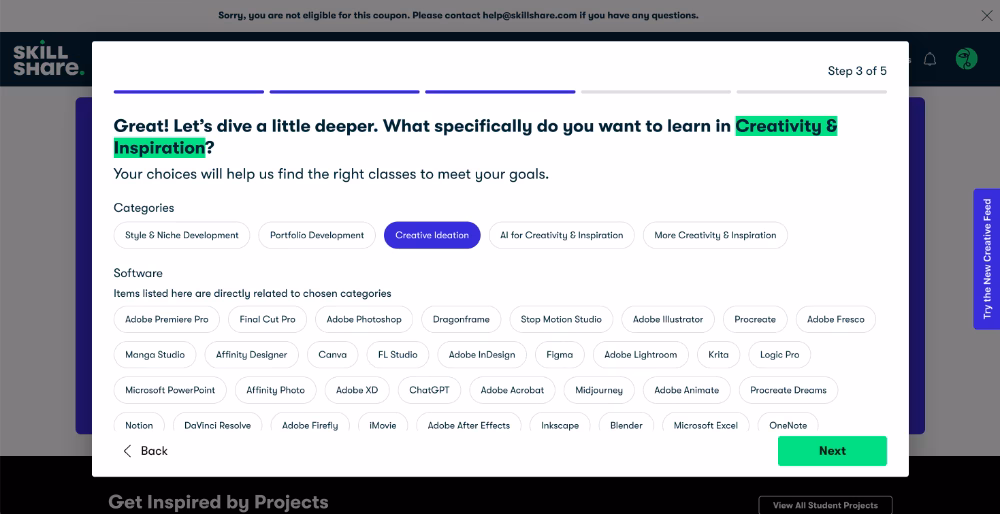 Pesquisa de onboarding detalhada do Skillshare para personalização e recomendação de curso relevante