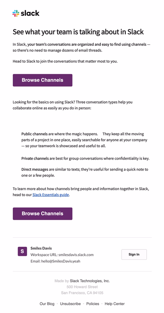 E-mail de reengajamento do Slack