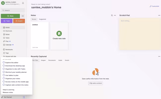 Checklist de onboarding do Evernote
