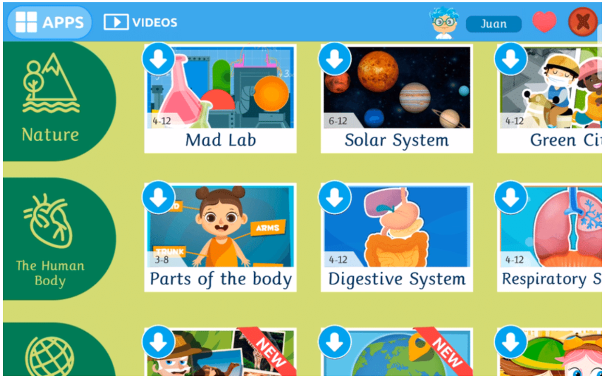 Um menu de exemplo do aplicativo Smile and Learn
