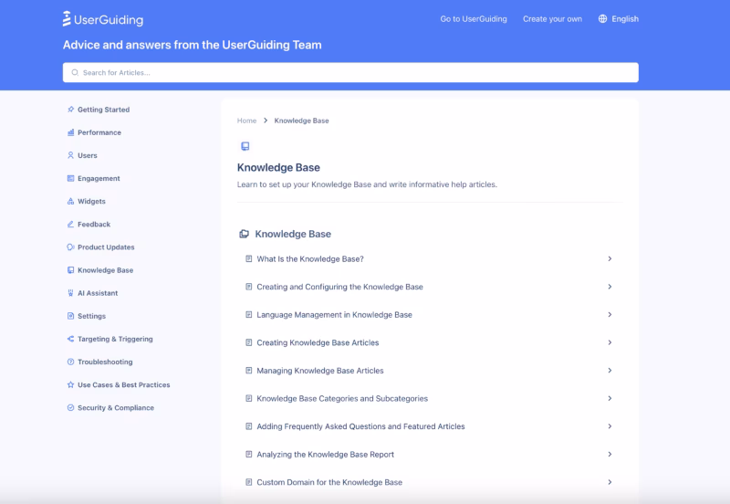 Uma base de conhecimento de exemplo criada com a UserGuiding