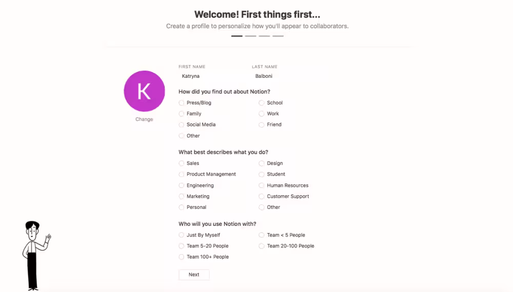 Segmentação durante o processo de onboarding do Notion