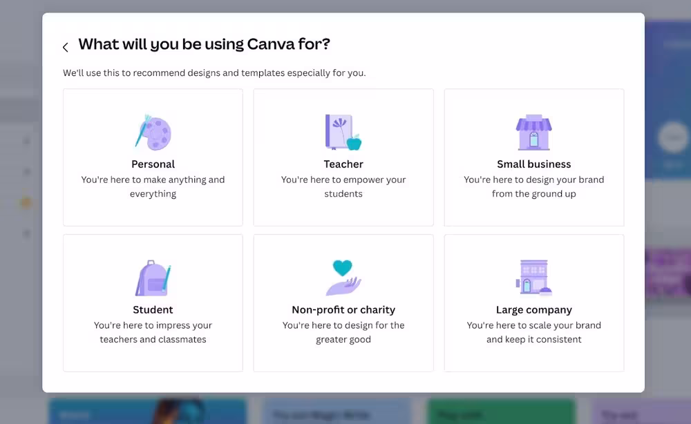 O onboarding do Canva começa imediatamente com segmentação
