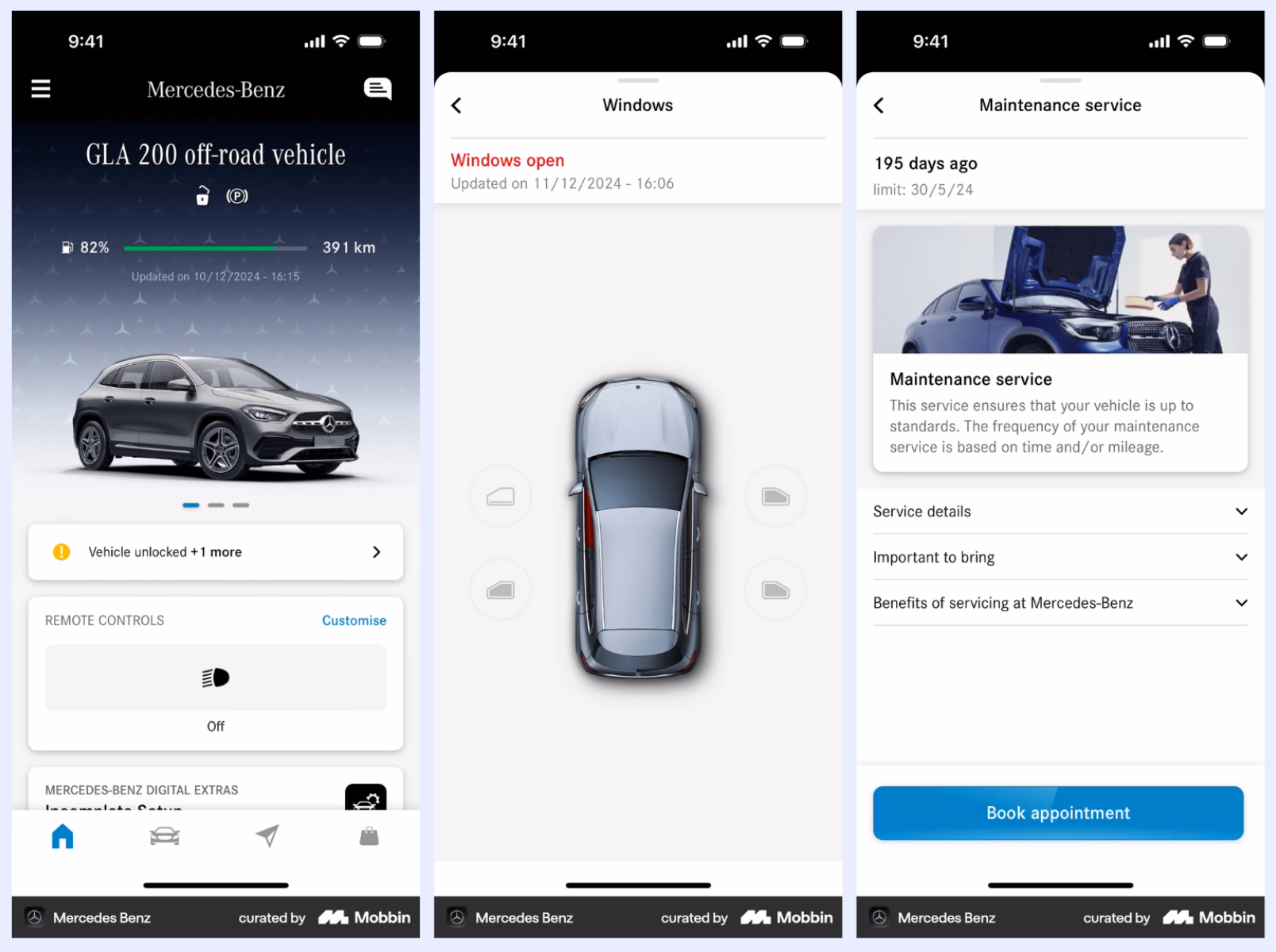 Lembretes e alertas do aplicativo Mercedes-Benz