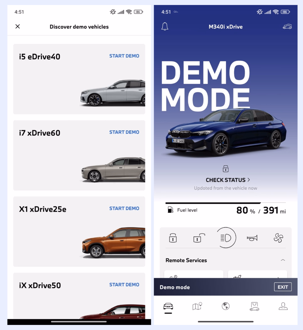 O aplicativo Mercedes-Benz permite que você experimente o aplicativo e controles com diferentes modelos