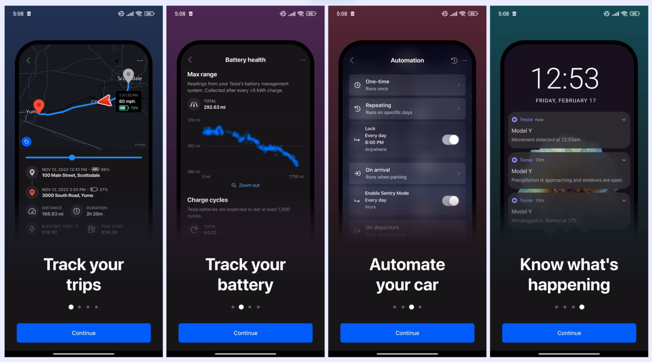Carrosséis de onboarding mobile do aplicativo Tesla
