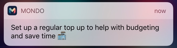 Notificação não transacional do Mondo (agora Monzo), quando um cliente tem saldo baixo.