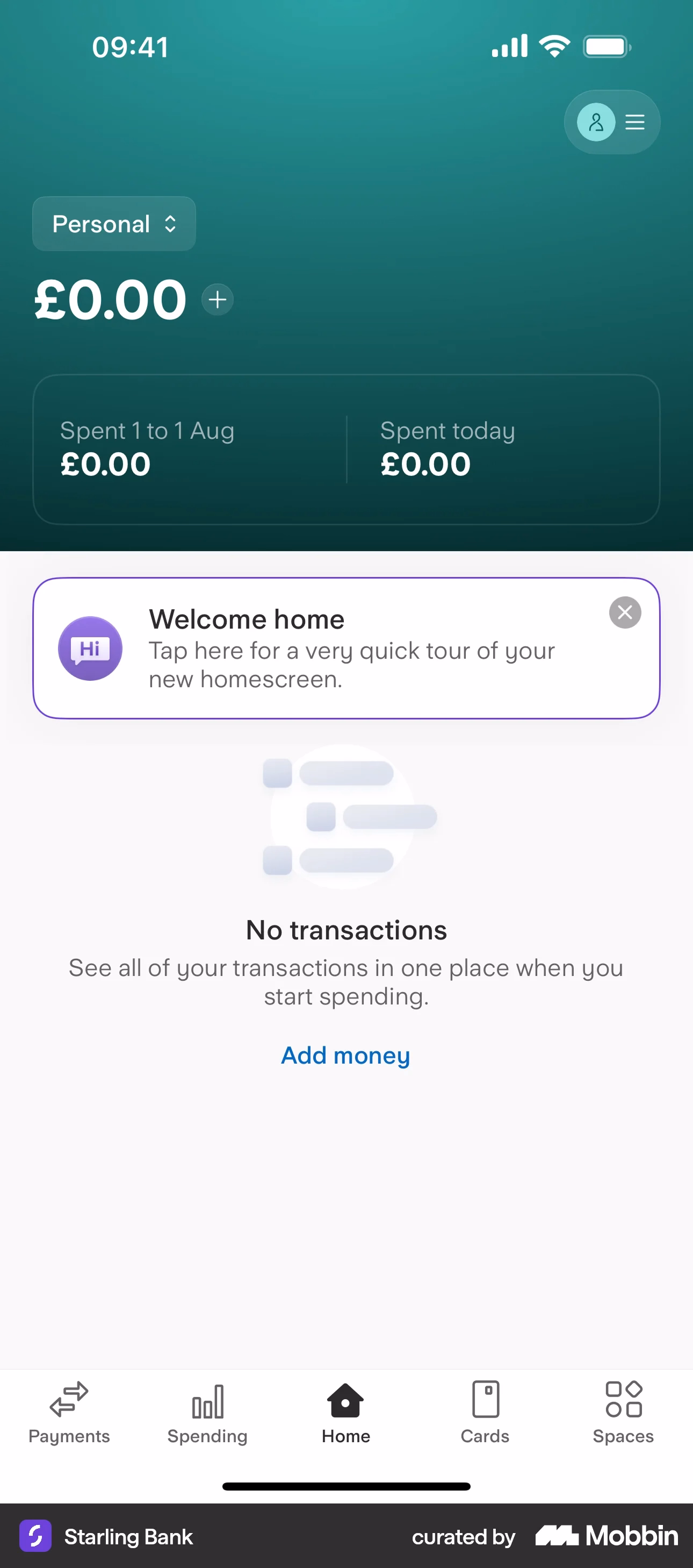 Interface de usuário móvel do Starling Bank