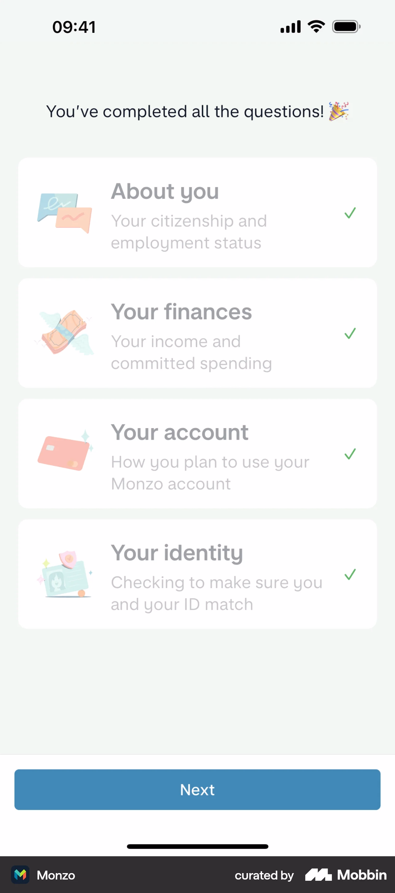 Checklist do Monzo após completar todos os itens