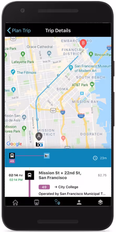 O aplicativo BART permite que os usuários planejem viagens multimodais