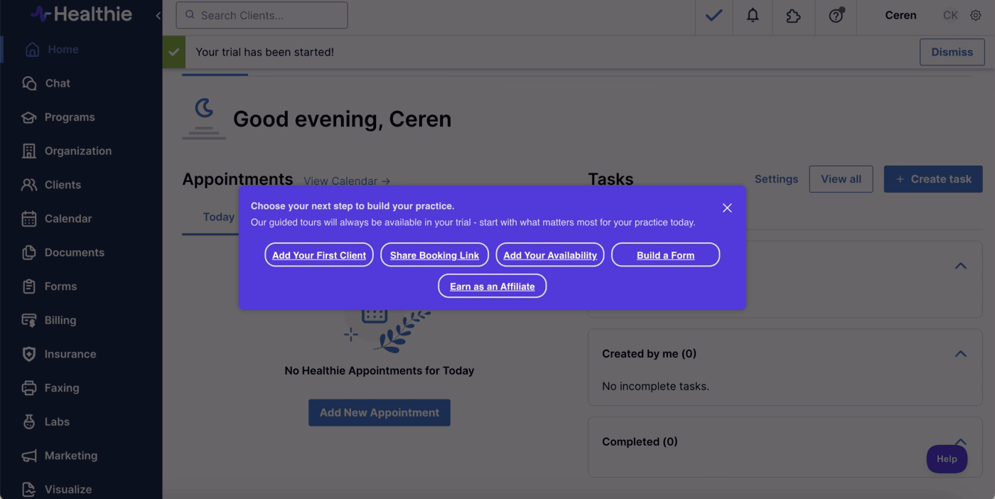 Healthie use case survey that triggers the initial tour.