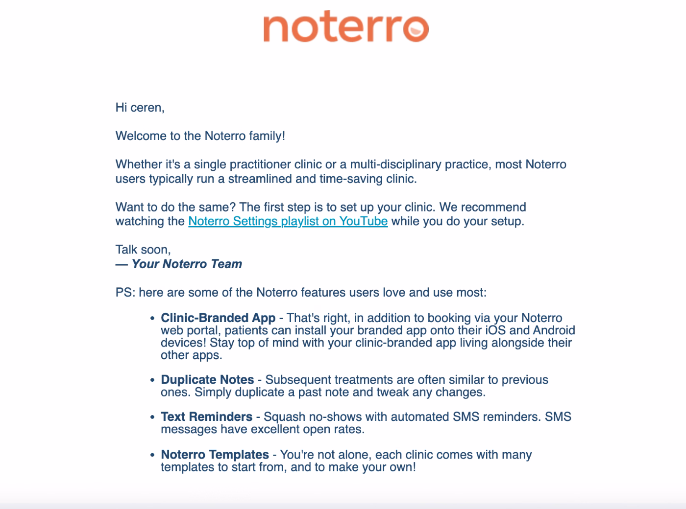 An example email from Noterro’s email onboarding sequence: popular features and use case.