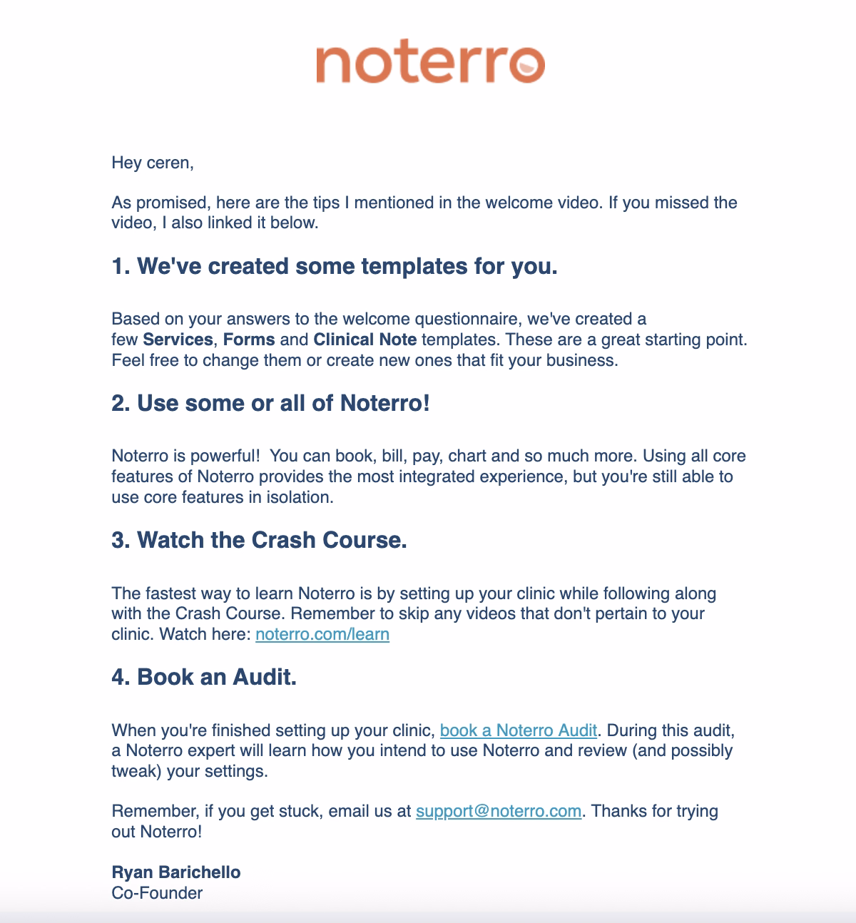 An example email from Noterro’s email onboarding sequence: pro tips.