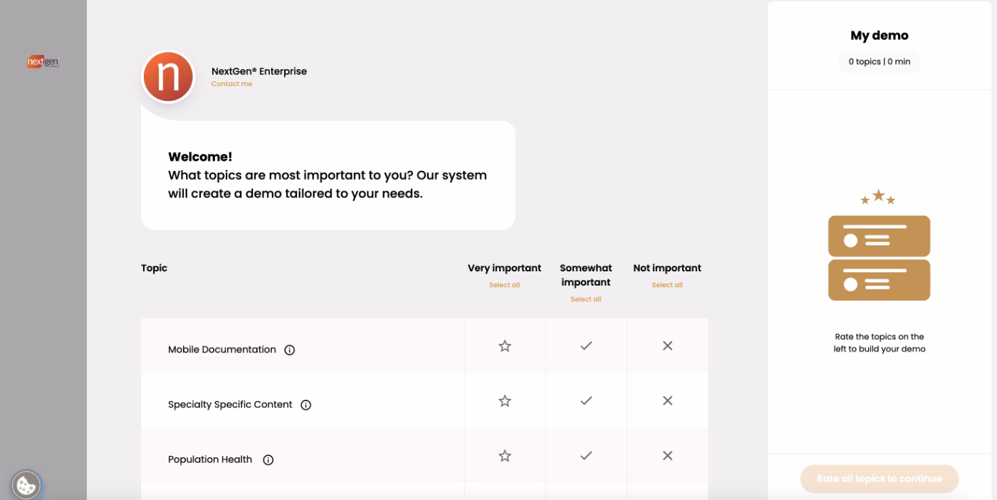 NextGen EHR’s initial survey to personalize the demo experience.