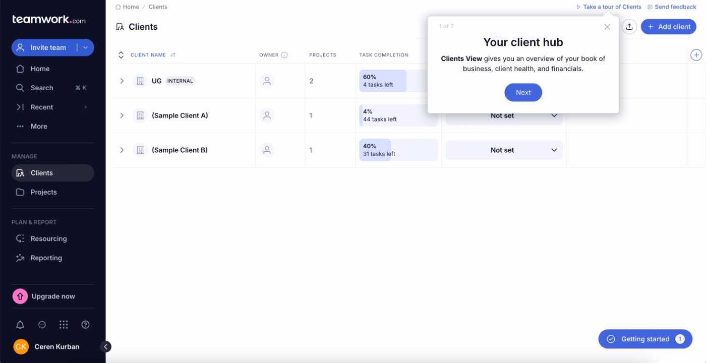 Teamwork’s tooltip that introduces the opt-in walkthrough for the Clients feature.