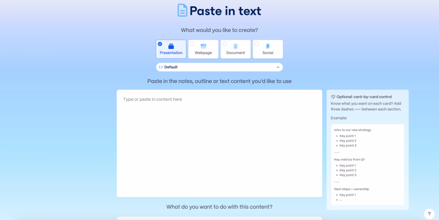 Gamma’s contextual tips for presentations.