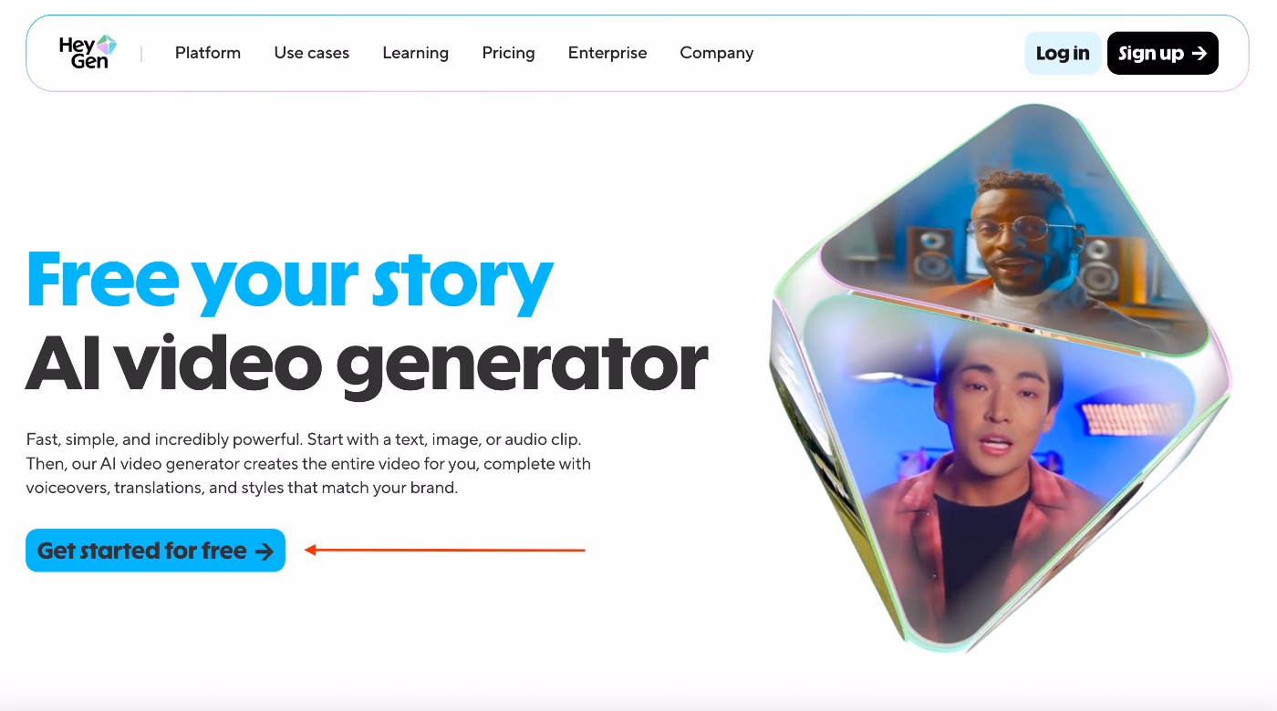 HeyGen’s central CTAs for their free plans.