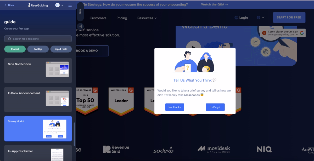 UserGuiding’s builder and an example template.