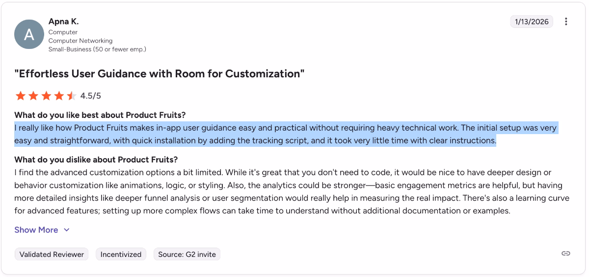 A G2 review about Product Fruits’ easy setup process.