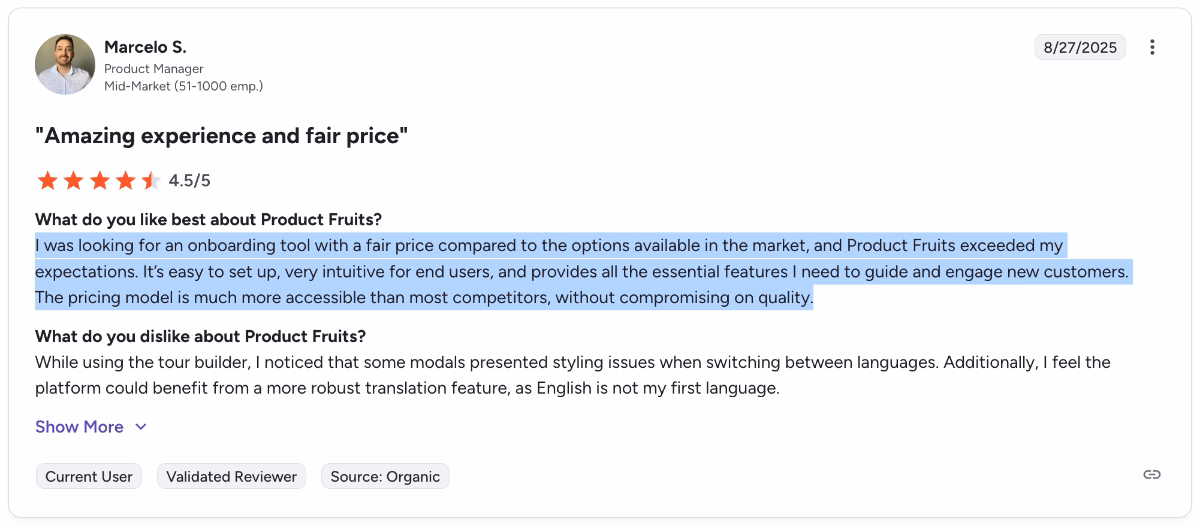 A G2 review about Product Fruits’ fair pricing plans.