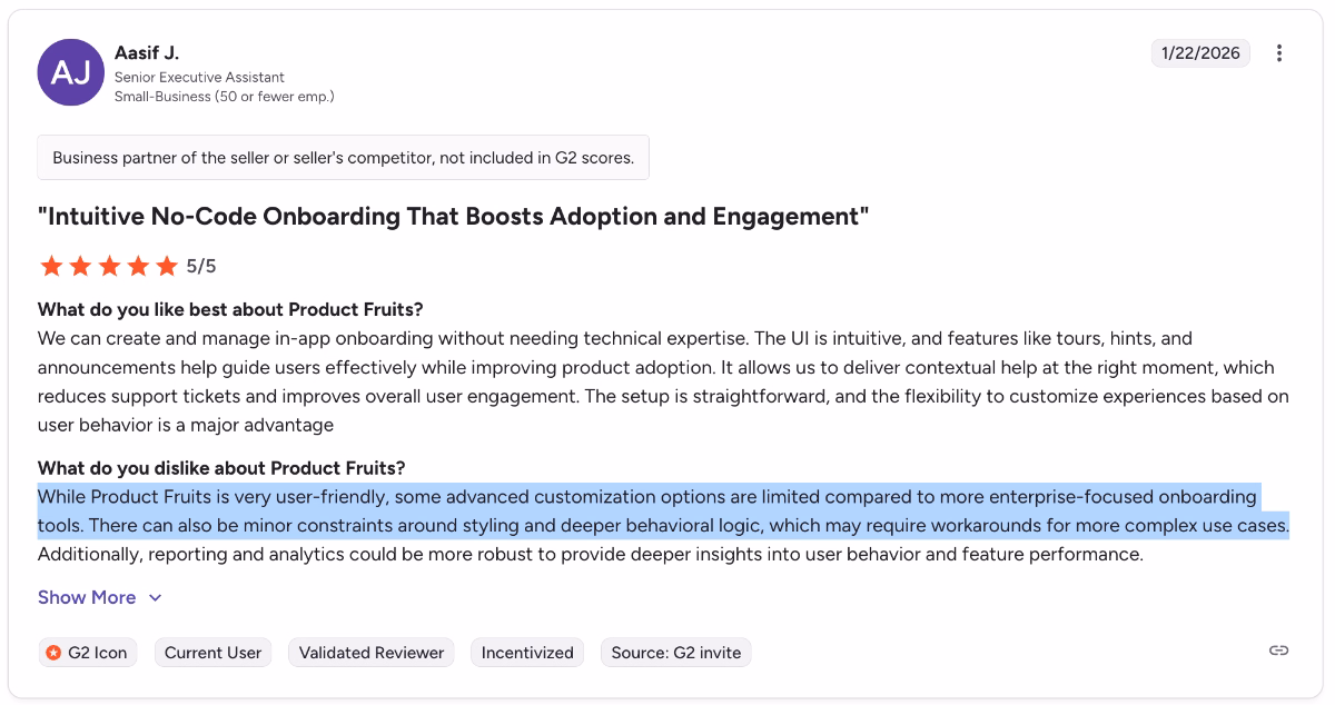 A G2 review about Product Fruits’ limited customization and feature depth.