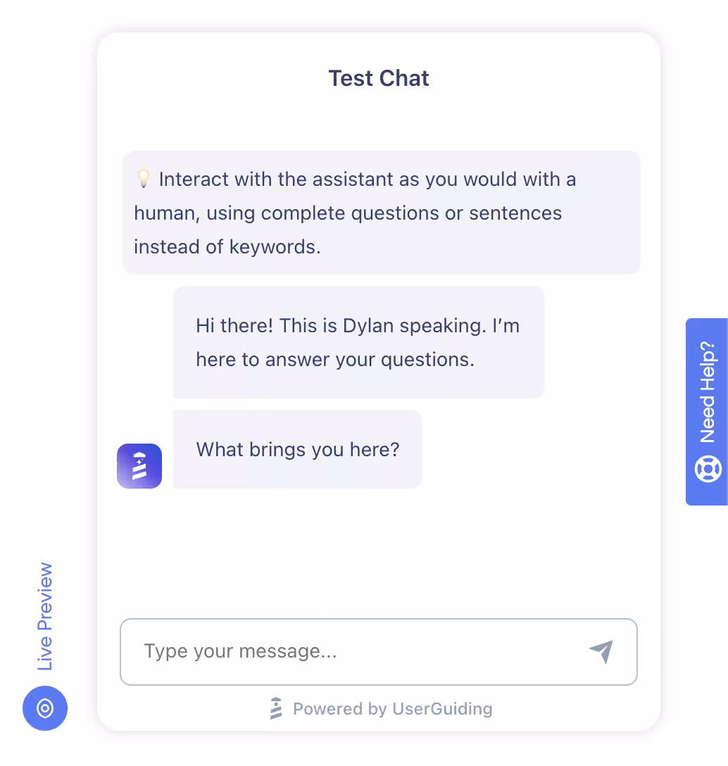 A test chat from UserGuiding’s AI assistant, Dylan.