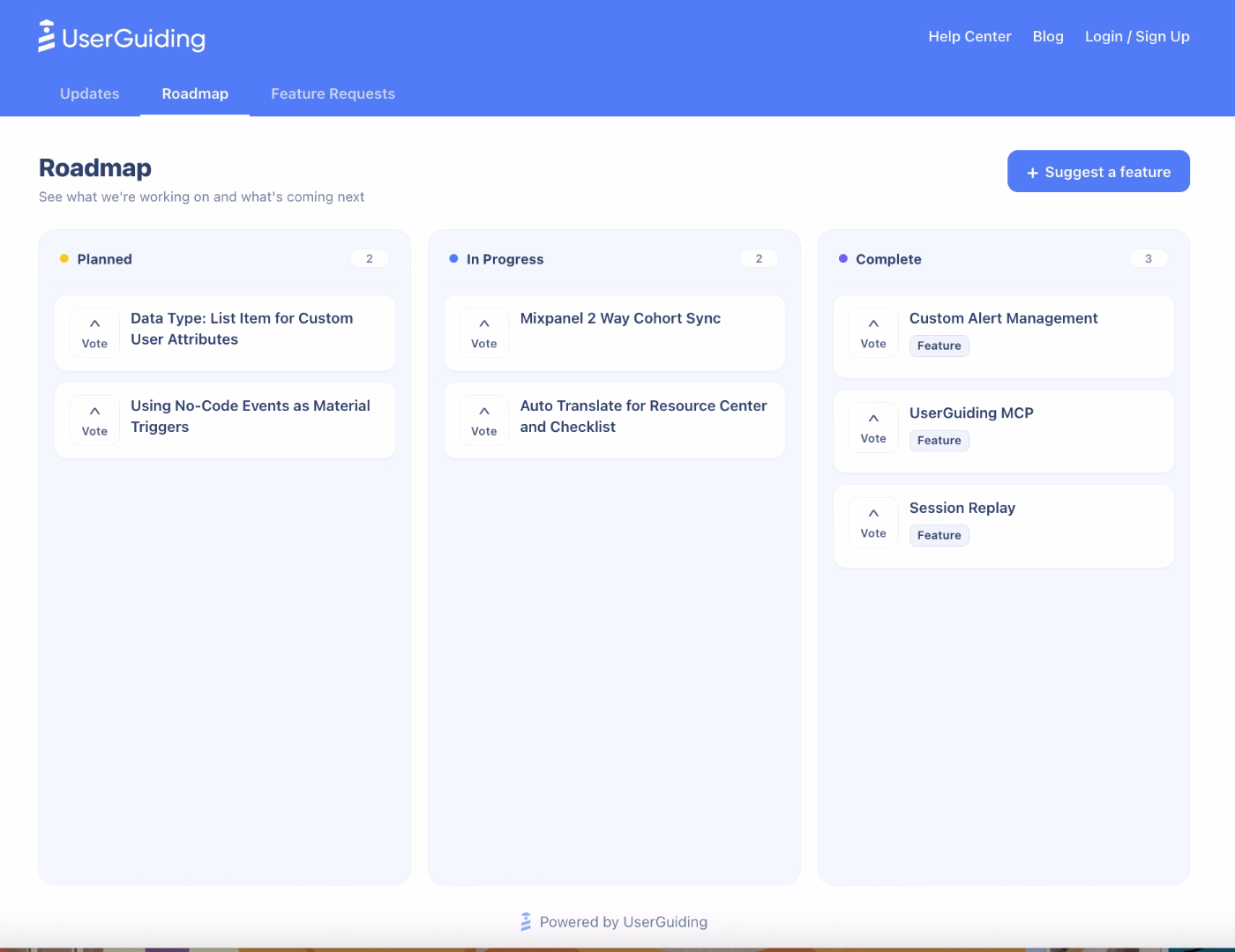 UserGuiding’s roadmap feature.