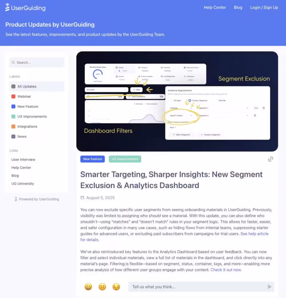 UserGuiding’s Product Updates feature with emoji reactions and comment box attached.