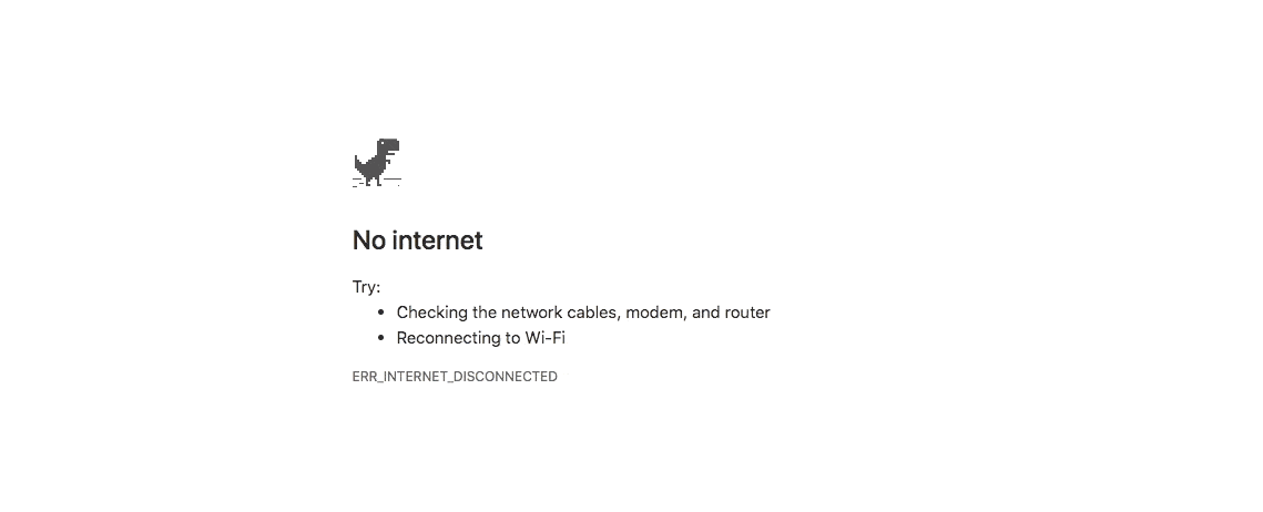 this is a gif image of the chrome browser no internet network connection hidden minigame. it is a platform game with a jumping t rex dinosaur