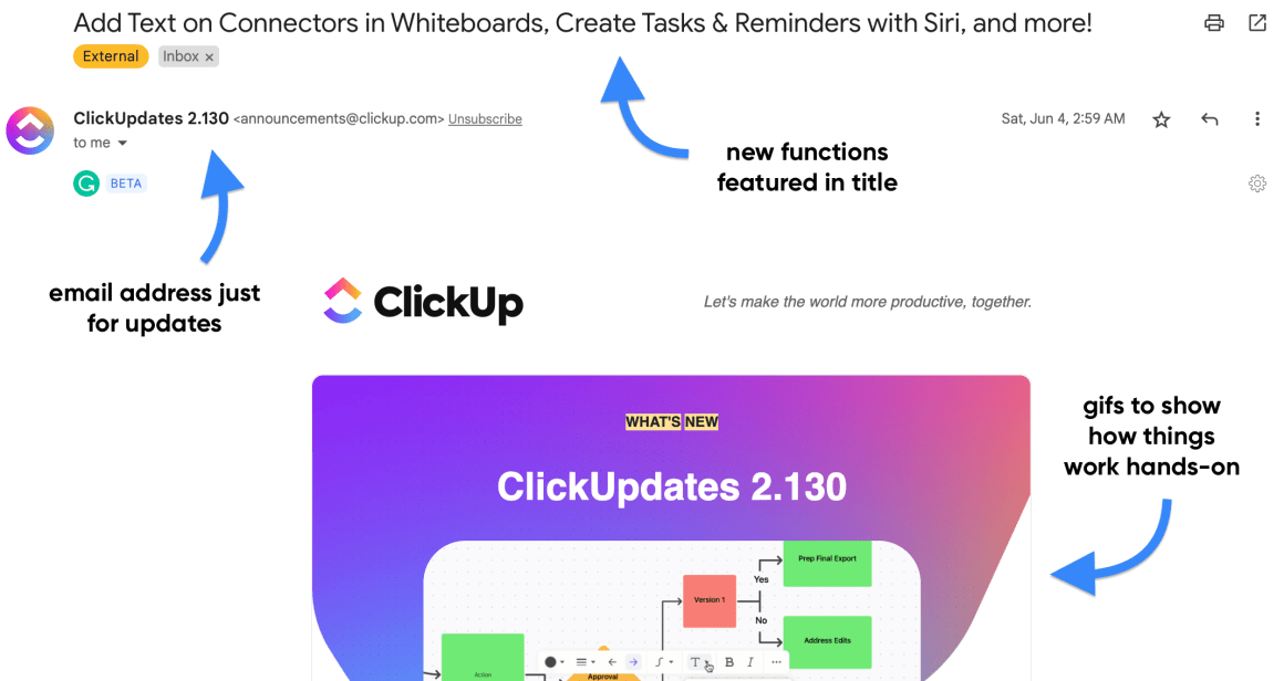 feature announcement email clickup
