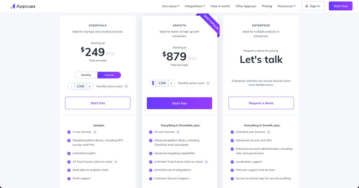 pricing page of appcues